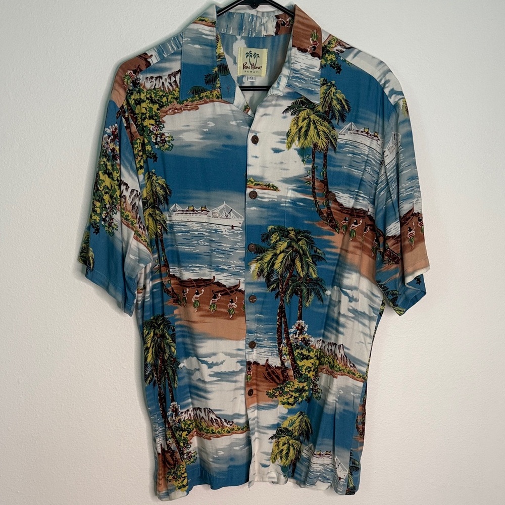 Pau Hana Hawaiian Shirt Blue Tropical Print Button Up Men’s S Aloha